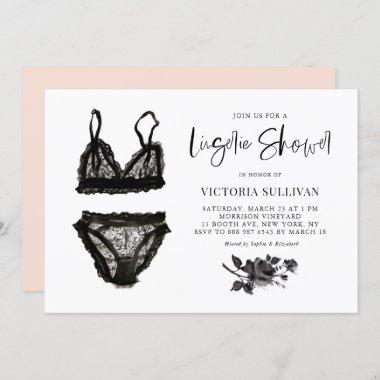 Black Watercolor Lace Lingerie Bridal Shower Invitations