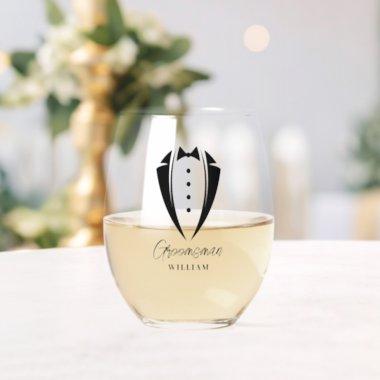 Black Wedding Tuxedo Groomsman Proposal Gift Stemless Wine Glass