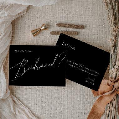 Black Whimsical Script Bridesmaid Proposal Invitations