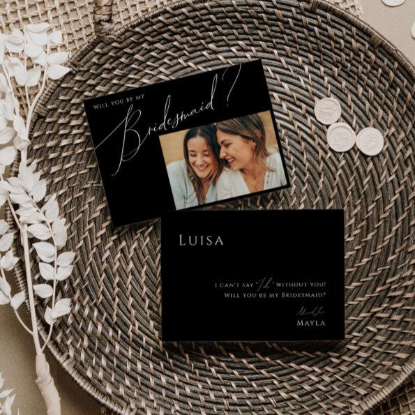 Black Whimsical Script Photo Bridesmaid Invitations