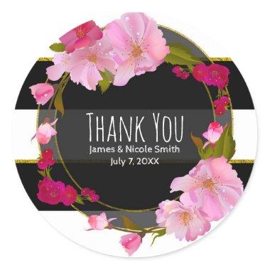 Black White and Gold Modern Floral Chic Glam Party Classic Round Sticker