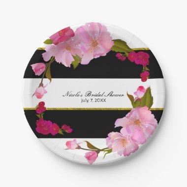 Black White and Gold Modern Floral Chic Glam Party Paper Plates