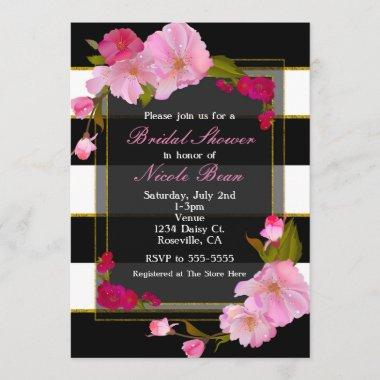 Black White and Gold Modern Floral Chic Party Invitations