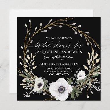 Black White Anemone Eucalyptus Greenery Bridal Tea Invitations