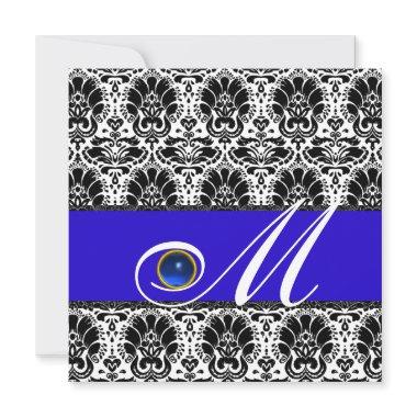 BLACK WHITE BLUE DAMASK MONOGRAM Sapphire Invitations