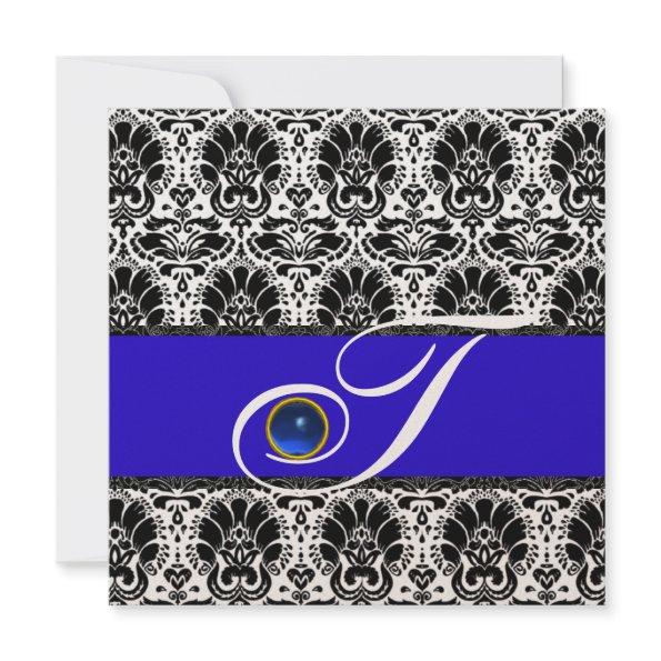 BLACK WHITE BLUE DAMASK MONOGRAM Sapphire Metallic Invitations