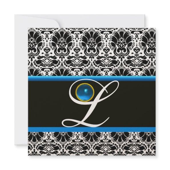 BLACK WHITE BLUE DAMASK MONOGRAM Sapphire Metallic