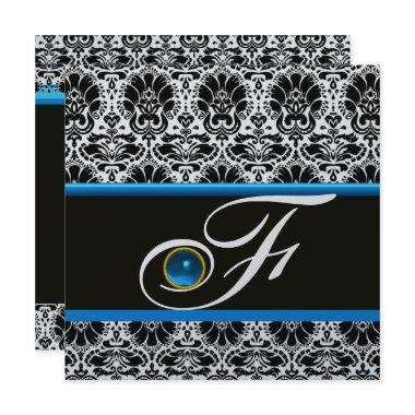 BLACK WHITE BLUE DAMASK MONOGRAM Sapphire Silver Invitations