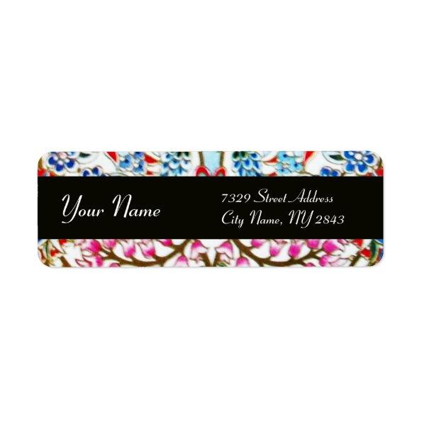 BLACK WHITE BLUE PINK ORIENTAL FLOWERS DAMASK LABEL