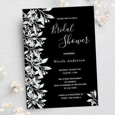 Black white botanical foliage script Bridal Shower Invitations