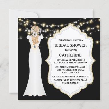 Black white bride wedding dress string lights chic Invitations