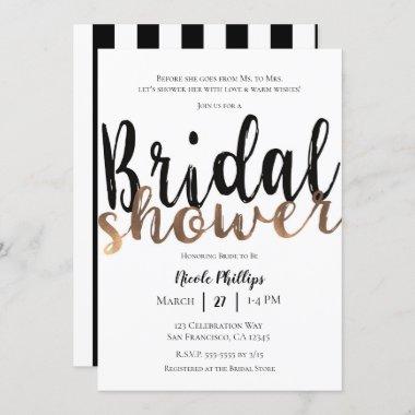 Black White Bronze Modern Glam Bridal Shower Invitations