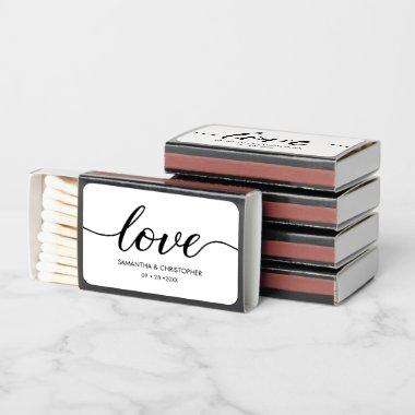 Black white customizable names Love script wedding Matchboxes