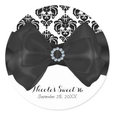 Black & White Damask Bling Bow Glam Sweet 16 Party Classic Round Sticker