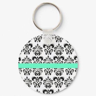 BLACK WHITE DAMASK FLORAL AQUA BLUE TEAL STRIPE KEYCHAIN