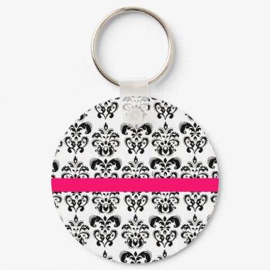 BLACK WHITE DAMASK FLORAL PINK FUCHSIA STRIPE KEYCHAIN