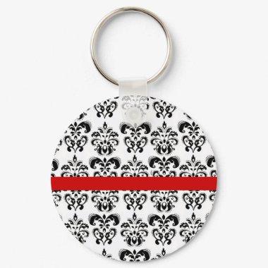 BLACK WHITE DAMASK FLORAL RED STRIPE KEYCHAIN