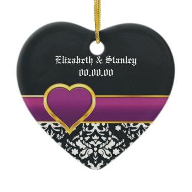 Black white damask purple heart Save the Date Ceramic Ornament