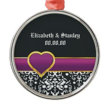 Black white damask purple heart Save the Date Metal Ornament