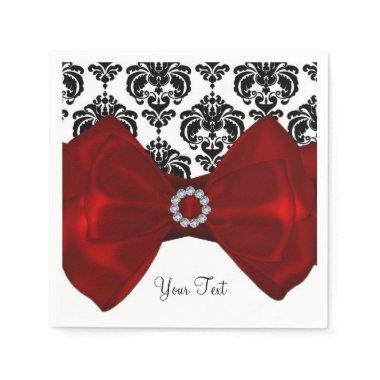 Black & White Damask Red Bow Glam Sweet 16 Party Paper Napkins