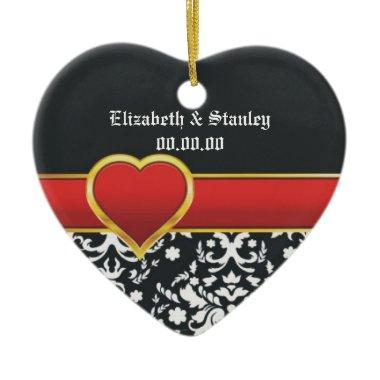 Black white damask red heart wedding Save the Date Ceramic Ornament