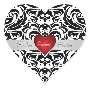Black & White Damask Red Heart Wedding Sticker