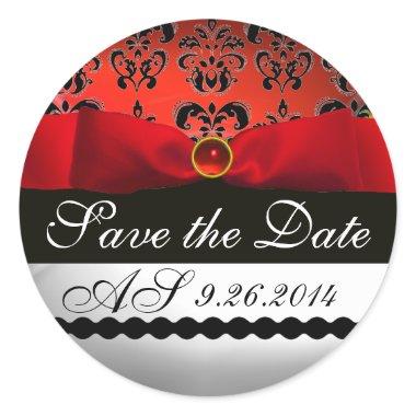 BLACK & WHITE DAMASK RED RIBBON MONOGRAM Gemstone Classic Round Sticker