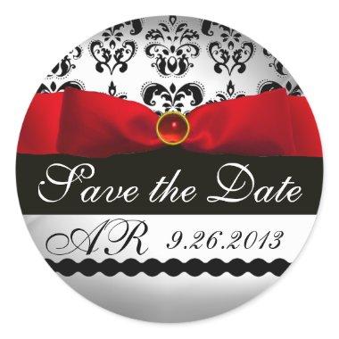 BLACK & WHITE DAMASK RED RIBBON MONOGRAM Gemstone Classic Round Sticker