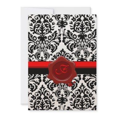 BLACK & WHITE DAMASK, RED WAX SEAL MONOGRAM GOLD Invitations