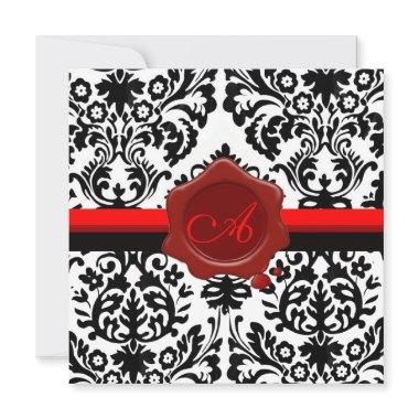 BLACK & WHITE DAMASK, RED WAX SEAL MONOGRAM Invitations