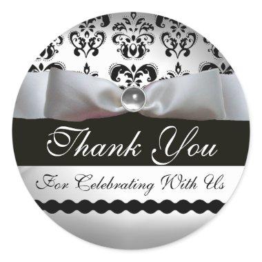 BLACK & WHITE DAMASK RIBBON Gemstone Classic Round Sticker