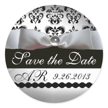 BLACK & WHITE DAMASK RIBBON MONOGRAM Gemstone Classic Round Sticker