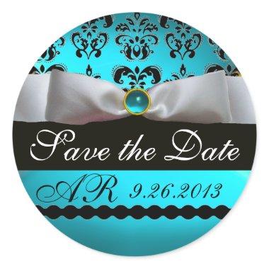 BLACK & WHITE DAMASK RIBBON MONOGRAM Gemstone Classic Round Sticker