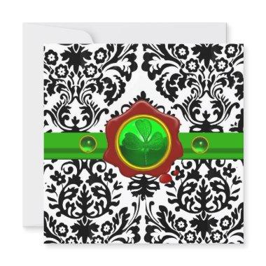 BLACK WHITE DAMASK,SHAMROCK,RED WAX SEAL MONOGRAM Invitations