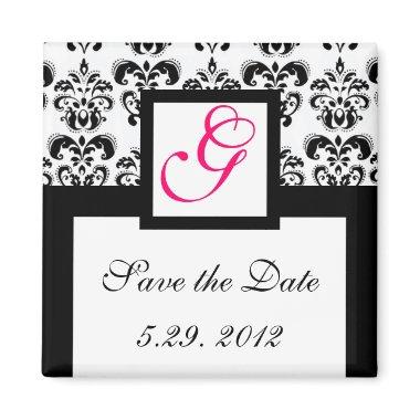 BLACK WHITE DAMASK SQUARE MONOGRAM Save the Date Magnet