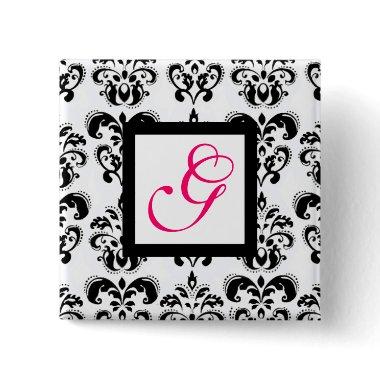 BLACK WHITE DAMASK SQUARE PINK FUCHSIA MONOGRAM BUTTON