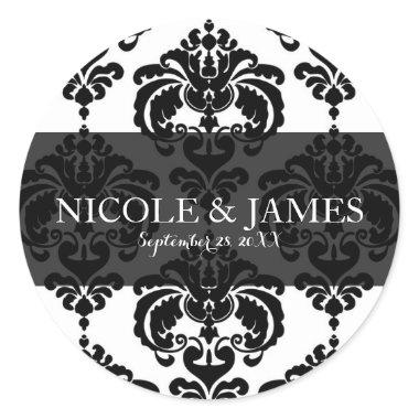 Black White Damask Vintage Wedding Event Favor Classic Round Sticker