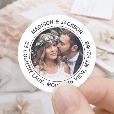 Black & White Elegant Photo Return Address Wedding Classic Round Sticker