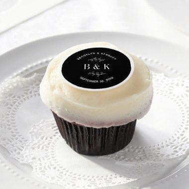 Black White Floral Botanical Wedding Couple Name Edible Frosting Rounds