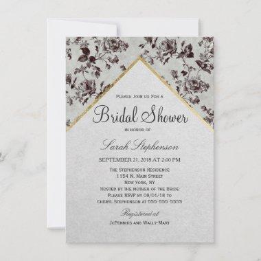 Black & White Floral & Gold Trim Recycled Paper Invitations