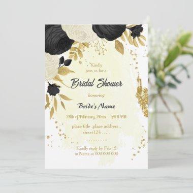black & white flowers gold bridal shower Invitations