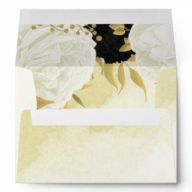 black white flowers gold leaves wedding envelope