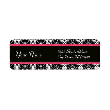 BLACK WHITE FUCHSIA PINK ORIENTAL FLOWERS DAMASK LABEL