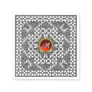 BLACK WHITE GEOMETRIC LACE RED GEM STONE MONOGRAM NAPKINS