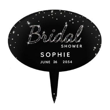 Black White Glitter Sparkle Modern Bridal Shower Cake Topper