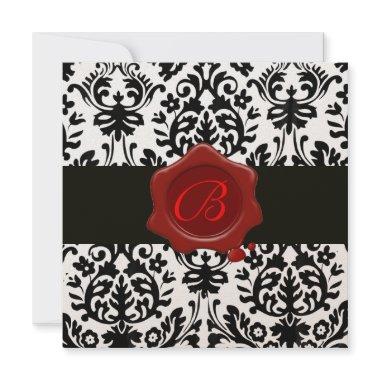 BLACK & WHITE GOLD DAMASK, RED WAX SEAL MONOGRAM Invitations