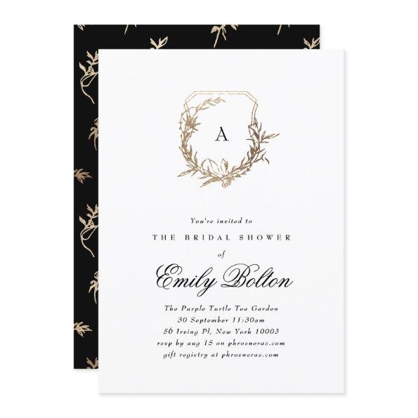 black white gold floral crest