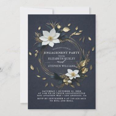 Black White Gold Floral Wreath Engagement Party Invitations