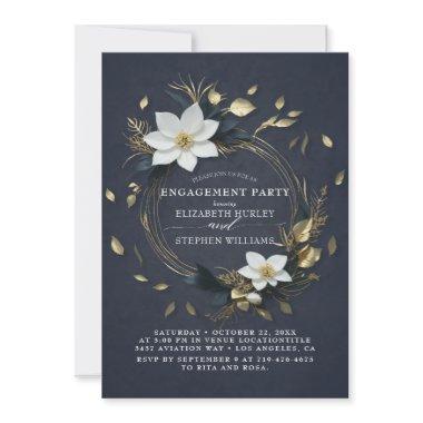 Black White Gold Floral Wreath Engagement Party Invitations