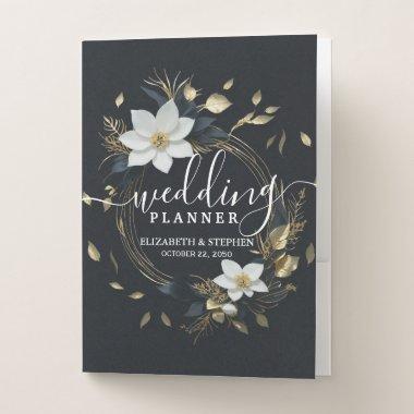 Black White Gold Floral Wreath Wedding Planner Pocket Folder